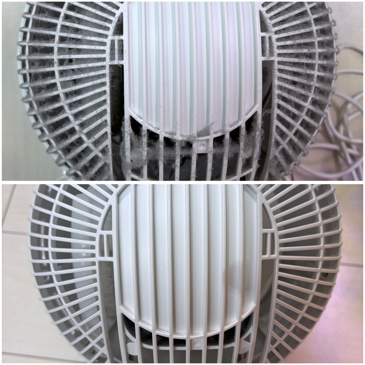 分解清掃前と清掃後のサーキュレーターを並べた比較写真